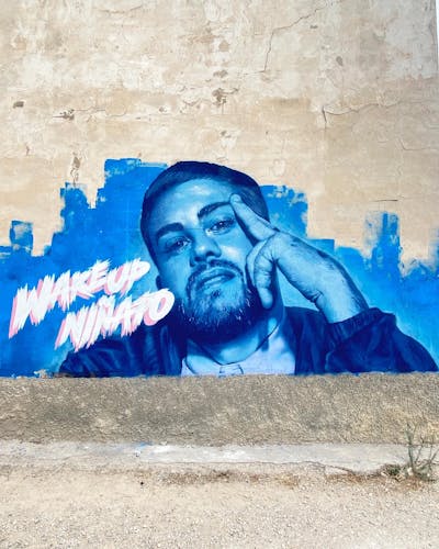 Light Blue and Blue Characters by Jota. This Graffiti is located in Murcia, Spain and was created in 2022. This Graffiti can be described as Characters, Handstyles and Abandoned.