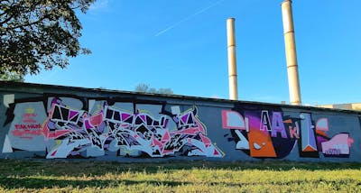 Colorful Stylewriting by Flak, Tirol and M5. This Graffiti is located in Szeged, Hungary and was created in 2023.