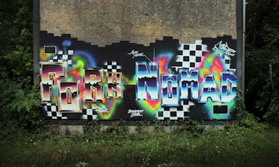 Colorful Stylewriting by Fork Imre and nomad. This Graffiti is located in Budapest, Hungary and was created in 2018. This Graffiti can be described as Stylewriting, 3D, Futuristic and Abandoned.