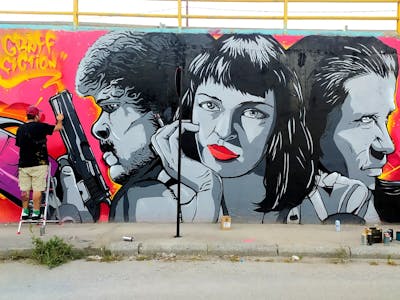 Grey and Coralle and Black Characters by bzks. This Graffiti is located in Katerini, Greece and was created in 2022. This Graffiti can be described as Characters and Wall of Fame.