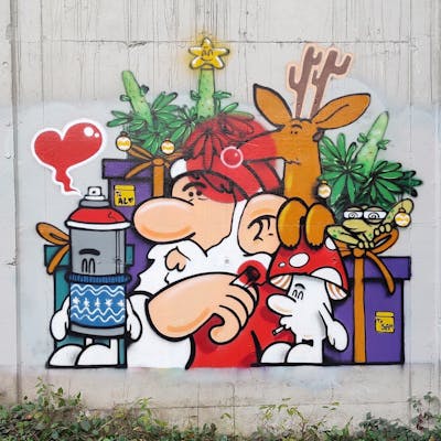Red and White and Colorful Characters by Yiors. This Graffiti is located in Spain and was created in 2022. This Graffiti can be described as Characters and Abandoned.