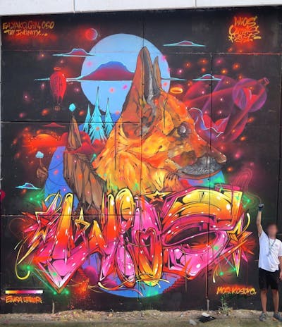 Colorful Stylewriting by Wios. This Graffiti was created in 2021 but its location is unknown. This Graffiti can be described as Stylewriting, Murals, Characters and Streetart.