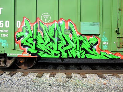 Light Green and Coralle Stylewriting by Kuhr. This Graffiti is located in United States and was created in 2023. This Graffiti can be described as Stylewriting, Trains and Freights.