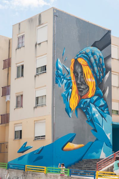 Yellow and Light Blue and Grey Characters by Acer. This Graffiti is located in Portugal and was created in 2019. This Graffiti can be described as Characters, Stylewriting, 3D and Commission.