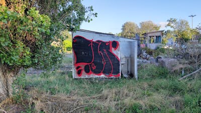 Red and Black Abandoned by 7AM. This Graffiti is located in Novi Sad, Serbia and was created in 2023. This Graffiti can be described as Abandoned, Throw Up and Atmosphere.