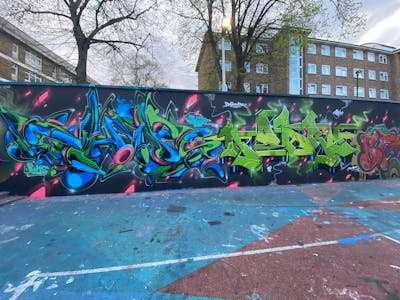 Light Green and Blue and Black Stylewriting by CDSK, Coar and Chips. This Graffiti is located in London, United Kingdom and was created in 2022. This Graffiti can be described as Stylewriting and Wall of Fame.