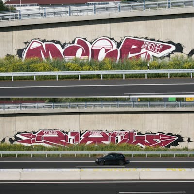 Red and White and Black Stylewriting by bros, rizok, R120K, mace, ong and bz. This Graffiti is located in Leipzig, Germany and was created in 2020. This Graffiti can be described as Stylewriting and Street Bombing.