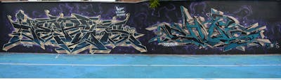 Beige and Cyan and Black Stylewriting by Chips and hertse1. This Graffiti is located in London, United Kingdom and was created in 2020. This Graffiti can be described as Stylewriting and Wall of Fame.