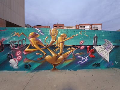 Colorful and Cyan and Gold Stylewriting by fil, urbansoldierz, Mtr clan and graffdinamicscrew. This Graffiti is located in Girona, Spain and was created in 2022. This Graffiti can be described as Stylewriting, 3D and Characters.