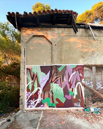 Colorful Streetart by Sles and NNM. This Graffiti is located in Vodnjan, Croatia and was created in 2023. This Graffiti can be described as Streetart, Abandoned and Atmosphere.