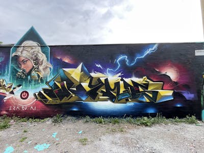 Beige and Colorful Stylewriting by Rymd. This Graffiti is located in Stockholm, Sweden and was created in 2023. This Graffiti can be described as Stylewriting, Characters, Streetart and Murals.