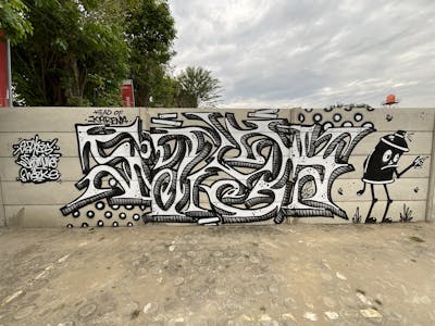 Black and White Stylewriting by M3C and Sakey. This Graffiti is located in Jambi City, Indonesia and was created in 2022. This Graffiti can be described as Stylewriting, Characters and Street Bombing.