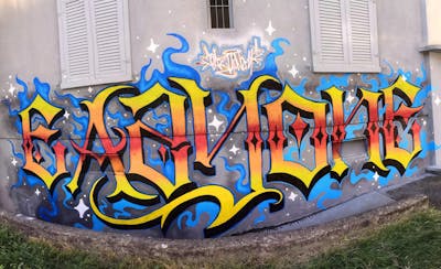 Yellow and Red and Light Blue Stylewriting by Eazy One. This Graffiti is located in Geneva, Switzerland and was created in 2023.