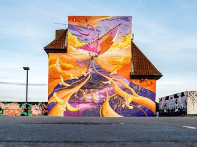 Orange and Violet Murals by Tris. This Graffiti is located in Penge west London, United Kingdom and was created in 2024. This Graffiti can be described as Murals, Streetart and Characters.