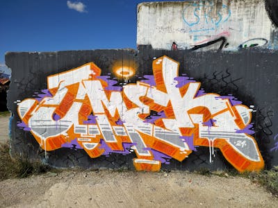 Orange and White and Violet Stylewriting by Baron and Omek. This Graffiti is located in GALATSI, Greece and was created in 2021. This Graffiti can be described as Stylewriting and Abandoned.