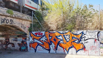 Orange and Blue Stylewriting by Riots. This Graffiti is located in Palma de Mallorca, Spain and was created in 2019. This Graffiti can be described as Stylewriting and Wall of Fame.