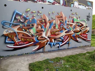 Brown and Colorful Stylewriting by Kezam. This Graffiti is located in Auckland, New Zealand and was created in 2018. This Graffiti can be described as Stylewriting, 3D and Wall of Fame.