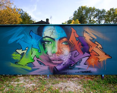 Colorful Stylewriting by Whyre87, Posk crew and KAC crew. This Graffiti is located in Geneva, Switzerland and was created in 2021. This Graffiti can be described as Stylewriting, Characters and Wall of Fame.