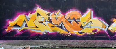 Orange and Coralle Stylewriting by Nekos. This Graffiti is located in Italy and was created in 2022. This Graffiti can be described as Stylewriting and Wall of Fame.