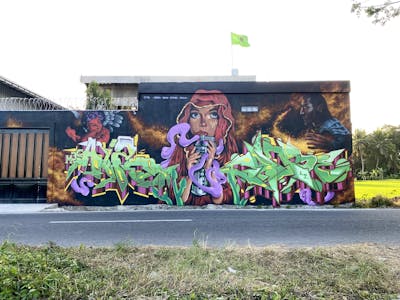 Colorful and Light Green Stylewriting by Aizen M3C, Cande LT, Ruks LT and BegokOner. This Graffiti is located in Yogyakarta, Indonesia and was created in 2023. This Graffiti can be described as Stylewriting, Characters and Murals.