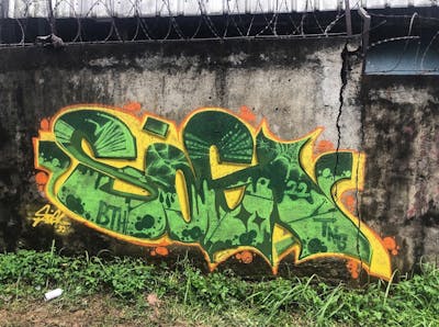 Light Green and Yellow Stylewriting by Sogie. This Graffiti is located in Batam, Indonesia and was created in 2022. This Graffiti can be described as Stylewriting and Abandoned.