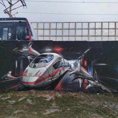 Grey and Red and Black Stylewriting by Caer8th. This Graffiti is located in Prague, Czech Republic and was created in 2023. This Graffiti can be described as Stylewriting, Characters and 3D.