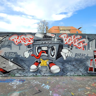 Grey and Red Characters by Riots. This Graffiti is located in Leipzig, Germany and was created in 2023. This Graffiti can be described as Characters and Wall of Fame.