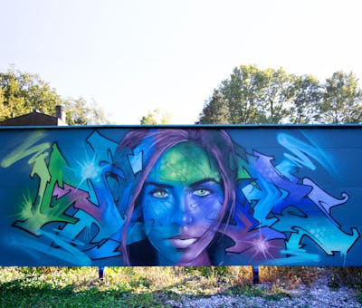 Blue and Green and Violet Stylewriting by Whyre87, Posk crew and KAC crew. This Graffiti is located in Geneva, Switzerland and was created in 2021. This Graffiti can be described as Stylewriting, Wall of Fame and Characters.