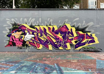 Violet and Yellow Stylewriting by Techno and CAS. This Graffiti is located in London, United Kingdom and was created in 2021. This Graffiti can be described as Stylewriting, Wall of Fame and Characters.