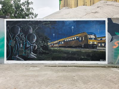Yellow and Grey and Blue Characters by Erwtje. This Graffiti is located in Ede wageningen, Netherlands and was created in 2022. This Graffiti can be described as Characters, Streetart and Murals.