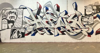 Red and Blue and Grey Stylewriting by Heny and Senpai. This Graffiti is located in Roosendaal, Netherlands and was created in 2022. This Graffiti can be described as Stylewriting, Characters and Abandoned.