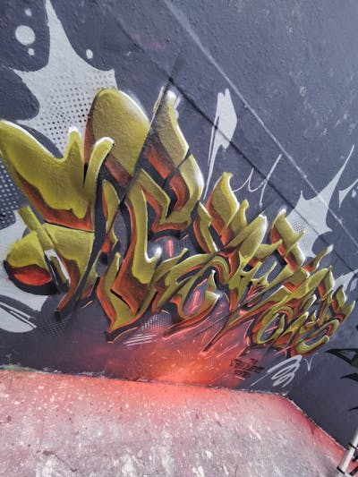 Light Green and Grey and Orange Stylewriting by REVES ONE. This Graffiti is located in United Kingdom and was created in 2023. This Graffiti can be described as Stylewriting and Wall of Fame.