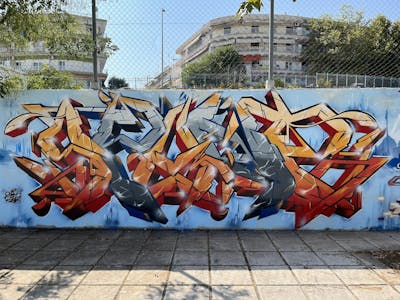 Orange and Light Blue and Grey Stylewriting by Spant. This Graffiti is located in Thessaloniki, Greece and was created in 2023.
