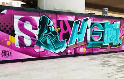Coralle and Cyan Stylewriting by Sky High. This Graffiti is located in London, United Kingdom and was created in 2020. This Graffiti can be described as Stylewriting and 3D.