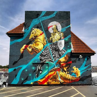 Colorful and Gold Murals by REVES ONE and SIDOK. This Graffiti is located in London, United Kingdom and was created in 2022. This Graffiti can be described as Murals and Characters.