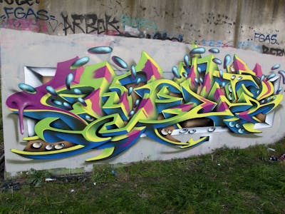 Light Green and Colorful Stylewriting by Kezam. This Graffiti is located in Auckland, New Zealand and was created in 2018. This Graffiti can be described as Stylewriting, Wall of Fame and 3D.
