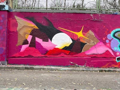 Colorful and Coralle Stylewriting by Toyz, OneTwo, Myb and Terazos. This Graffiti is located in Wien, Austria and was created in 2021. This Graffiti can be described as Stylewriting and Futuristic.