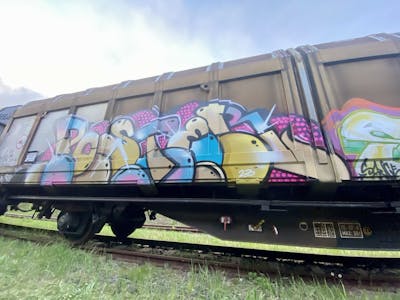 Colorful and Beige Stylewriting by Poster. This Graffiti is located in Germany and was created in 2023. This Graffiti can be described as Stylewriting, Trains and Freights.