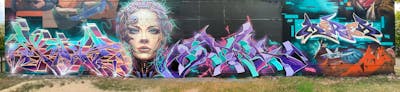 Cyan and Orange and Violet Characters by Graff.Funk, Wok, Stick, MIREA, Chr15 and Chiesz. This Graffiti is located in Leipzig, Germany and was created in 2023. This Graffiti can be described as Characters, Murals and Stylewriting.