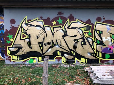 Gold and Yellow Stylewriting by ZICK and PMZ CREW. This Graffiti is located in Varel, Germany and was created in 2022. This Graffiti can be described as Stylewriting and Wall of Fame.