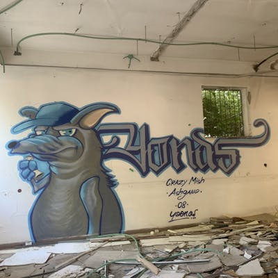 Grey and Light Blue and Blue Stylewriting by Yoonas. This Graffiti is located in Ashdod, Israel and was created in 2023. This Graffiti can be described as Stylewriting, Characters and Abandoned.