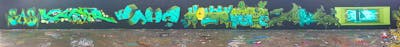 Cyan Stylewriting by Sae, kafor, Wahn, urine, HONEY, mobar and Sefoe. This Graffiti is located in Berlin, Germany and was created in 2018. This Graffiti can be described as Stylewriting, Wall of Fame and Murals.