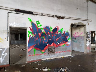 Red and Blue Stylewriting by Noack, CDB, MCT and BK. This Graffiti is located in Montauban, France and was created in 2021. This Graffiti can be described as Stylewriting and Abandoned.