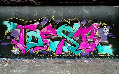 Cyan and Coralle Stylewriting by TOESER ONE. This Graffiti is located in Hamburg, Germany and was created in 2024. This Graffiti can be described as Stylewriting and Wall of Fame.