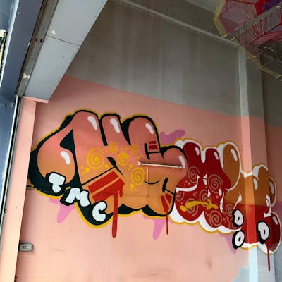 Orange and Red and White Stylewriting by Hootive. This Graffiti is located in Thailand and was created in 2023. This Graffiti can be described as Stylewriting and Street Bombing.