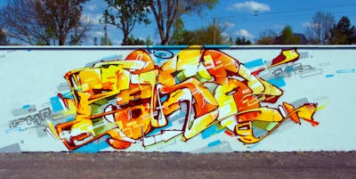 Orange and Yellow and Light Blue Stylewriting by Posa. This Graffiti is located in Delitzsch, Germany and was created in 2015.