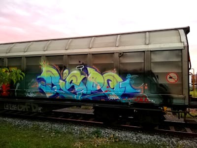 Blue and Light Green Stylewriting by Roweo, mtl crew and Dispo. This Graffiti is located in Saalfeld (Saale), Germany and was created in 2022. This Graffiti can be described as Stylewriting, Trains, Freights and Atmosphere.