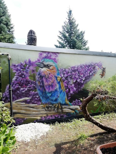 Violet and Light Blue and Green Characters by Chr15. This Graffiti is located in Guben, Germany and was created in 2023. This Graffiti can be described as Characters and Commission.