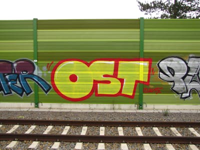 Red and Yellow Stylewriting by kafor, urine, mobar, Pizar and OST. This Graffiti is located in Leipzig, Germany and was created in 2016. This Graffiti can be described as Stylewriting and Line Bombing.