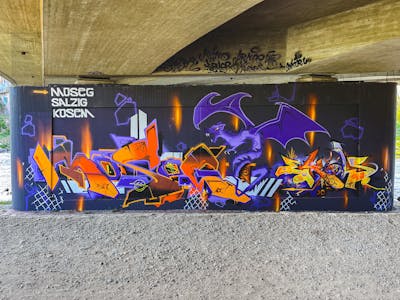 Violet and Orange Stylewriting by Salzig, Moseg, Kosem and omseg. This Graffiti is located in Freiburg, Germany and was created in 2022. This Graffiti can be described as Stylewriting and Characters.